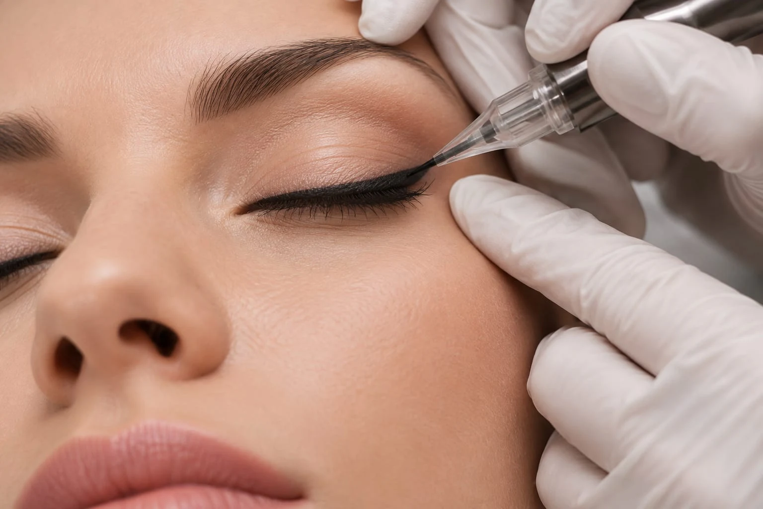 Permanent Make-up: Ein Lidstrich wird am geschlossenen Auge pigmentiert
