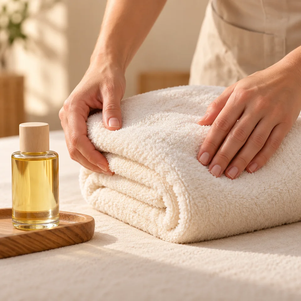 Handtücher und Massageöl für eine Körperbehandlung