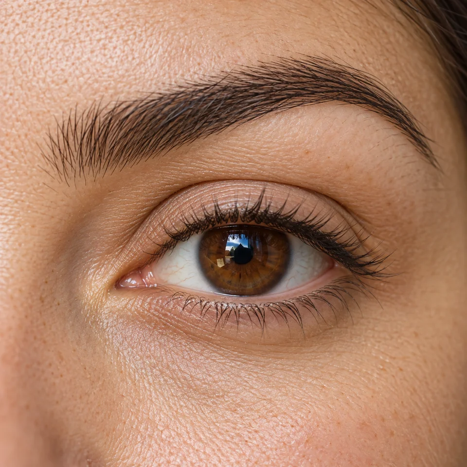 Nahaufnahme einer natürlich geformten Augenbraue und Wimpern